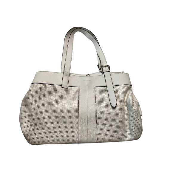 Tahari White Faux Leather Perforated Tote Bag Shoulder Handbag Pebbled Textured - Picture 1 of 13